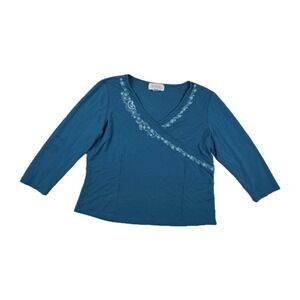 Casual Corner Annex Teal Blue Embroidered Faux Wrap V-Neck Blouse XL